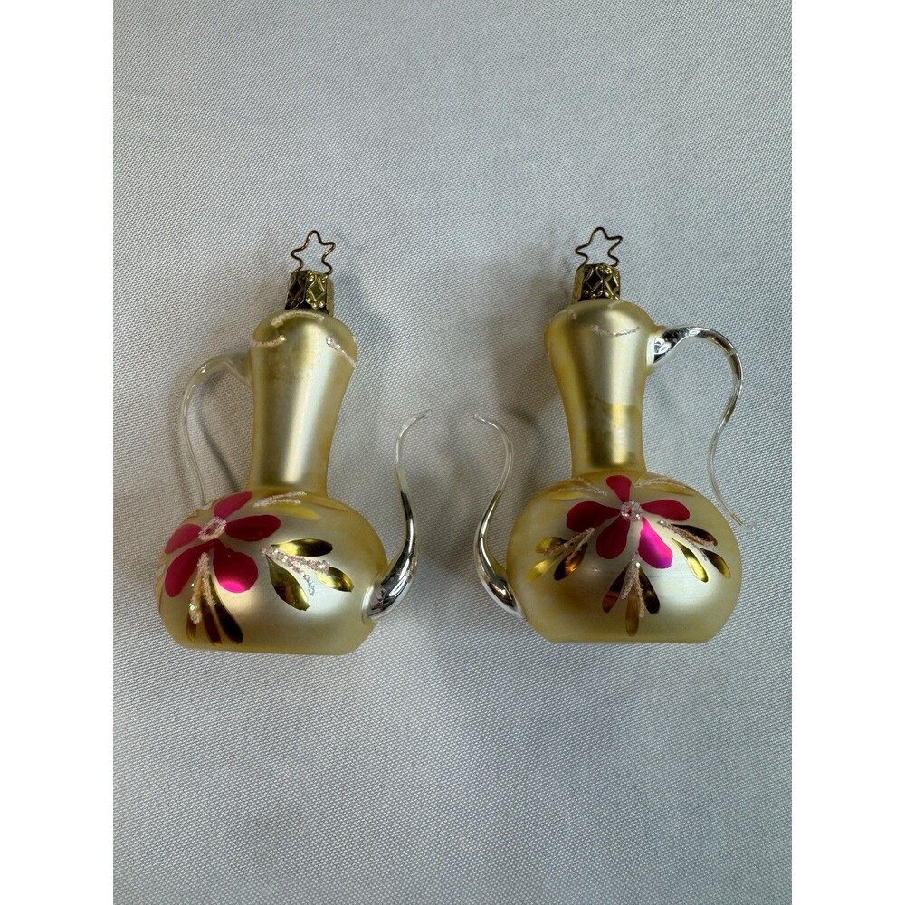 Pair Vtg Glass Teapot Ornaments Gold Mercury Glass Pink Floral Star Cap hanger